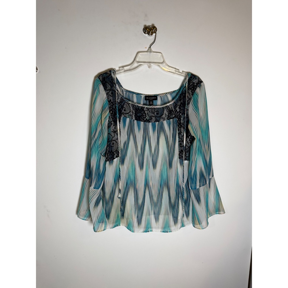 I.N. Studio Petite Teal Blue Ikat Print Lace Trim Bell Sleeve Blouse PM